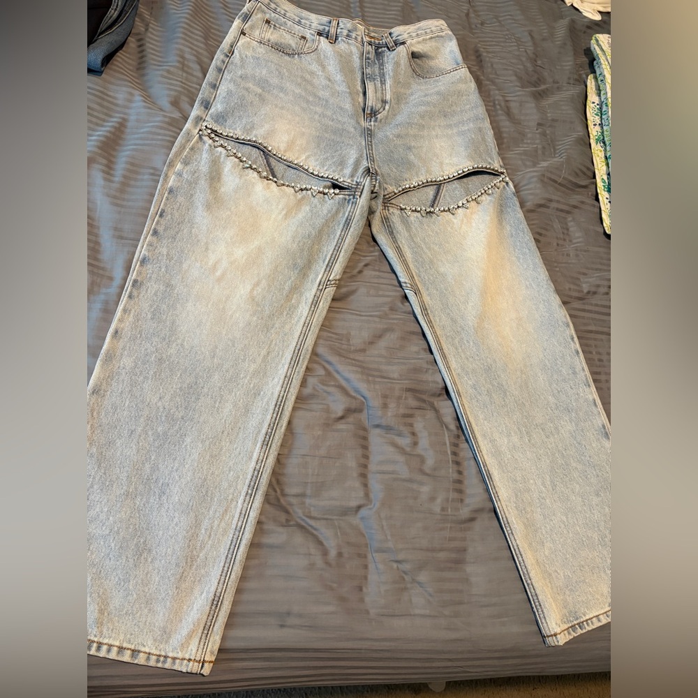 AREA
Crystal-embellished straight-leg jeans 
Brand new never worn , with tags!